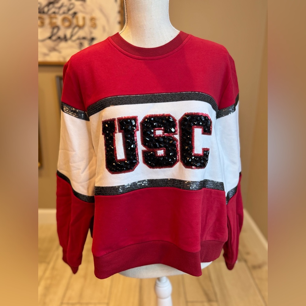 New! Rare! QUEEN OF SPARKLES Licensed USC Colorblock Stripe Sequin Sweatshirt